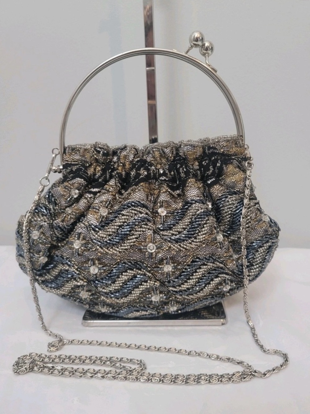 Vintage Metallic Beaded Evening Bag with Chain Strap - Gold & Black Silver